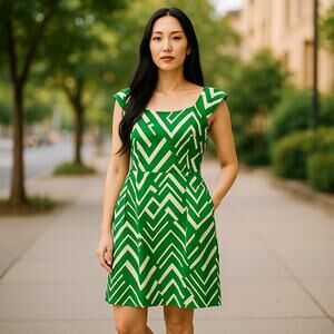 Milly Women's Sheath Dress Green Tan Geometric Vintage Look Size 4